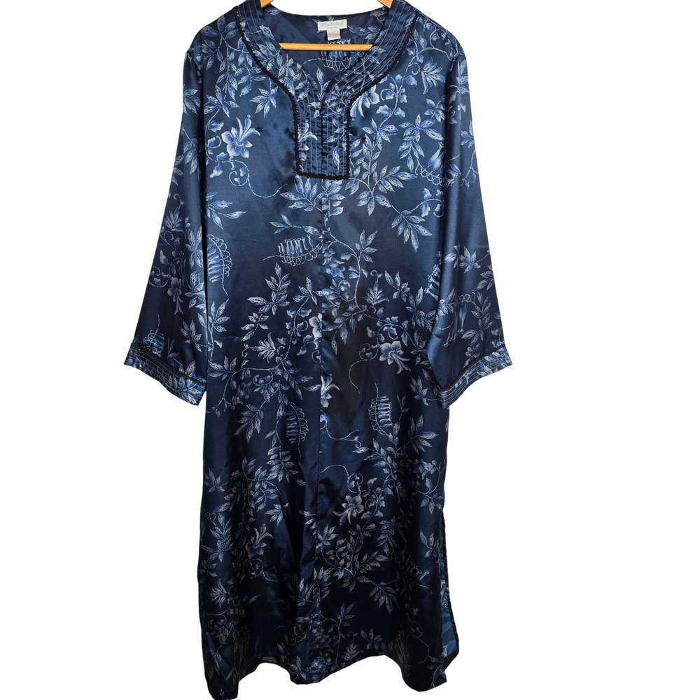 Evandale Intimates Women's‎ Blue Floral Satin Long Sleeve Maxi Lounge Dress L